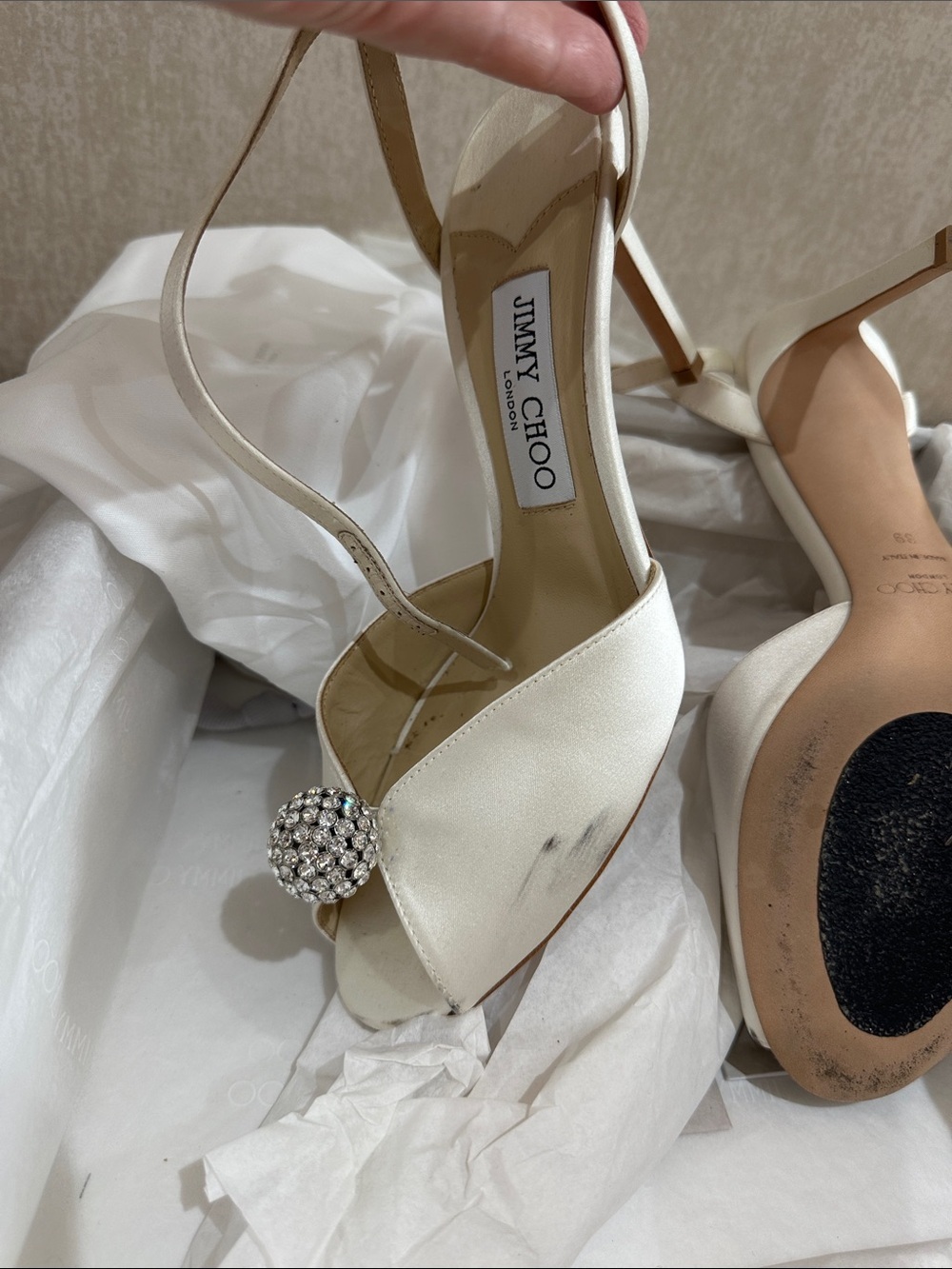 Jimmy Choo Ivory Crystal Satin Pointed-Toe Heels - Picture 7 of 12
